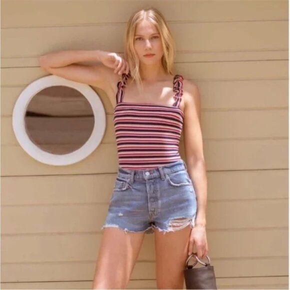 Reformation Hampton Striped Ruffle Strap in Hollywood Stripe Bodysuit - Picture 2 of 11